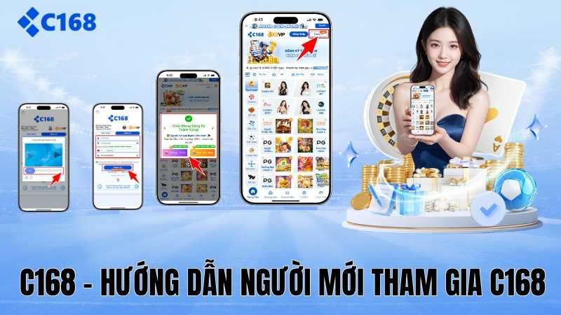 Đồ họa mô phỏng quy trình định danh e-KYC và đăng ký tài khoản bảo mật tại C168
